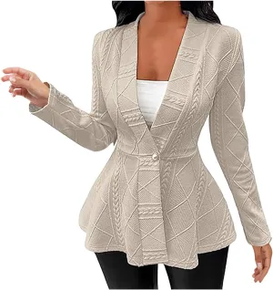 Blazer for Women Fashion Textured Ruffle Hem Blazer Long Sleeve V-Neck Single Button Shawl Collar Outerwear