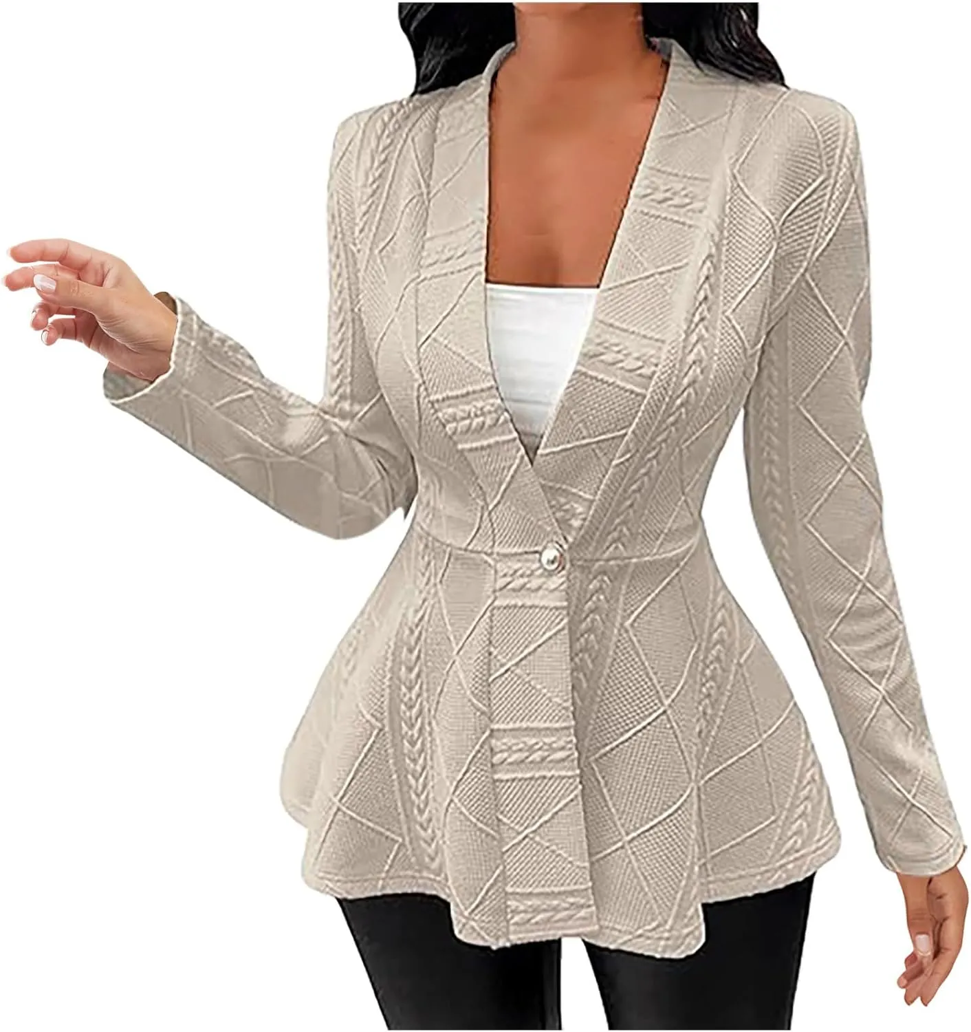 Blazer for Women Fashion Textured Ruffle Hem Blazer Long Sleeve V-Neck Single Button Shawl Collar Outerwear