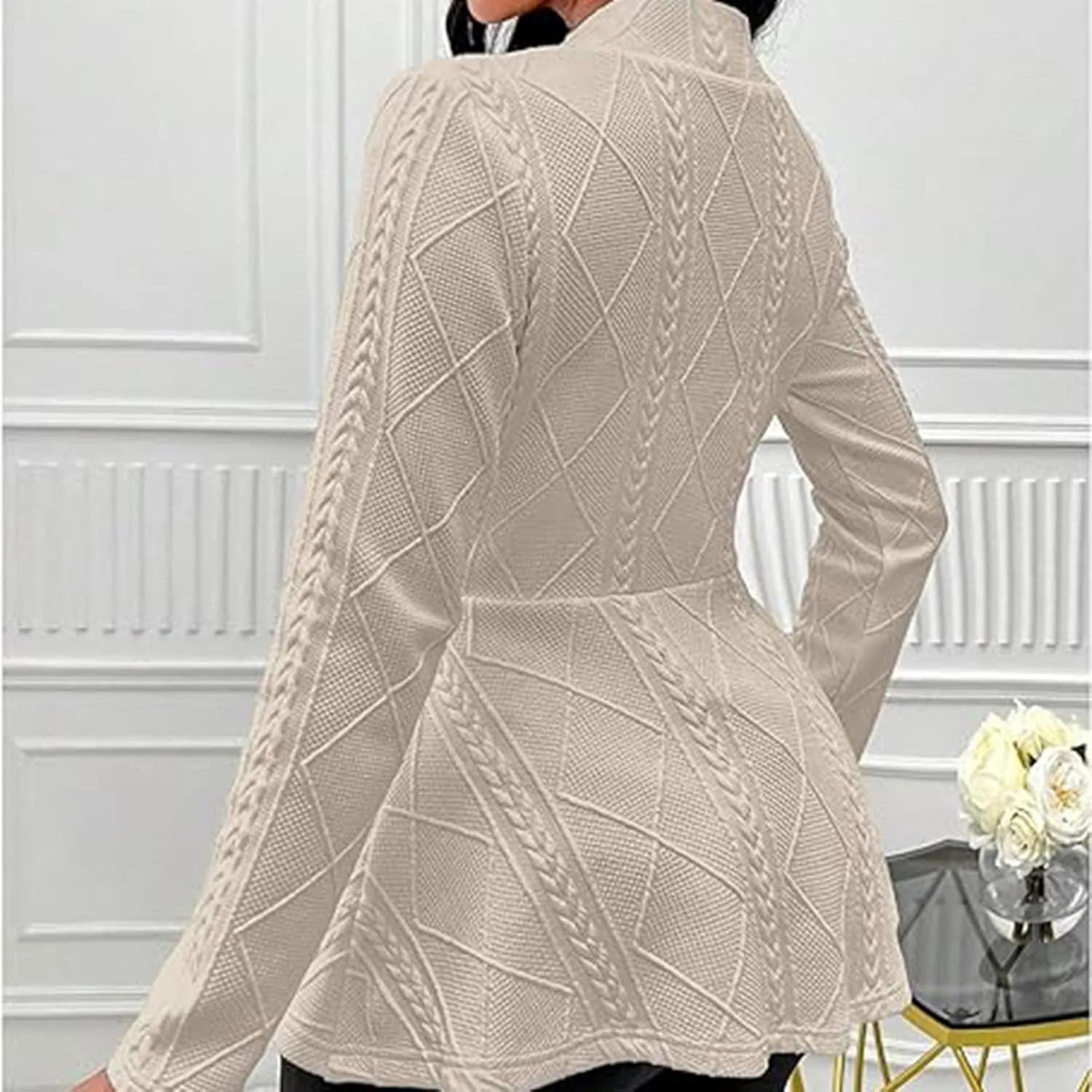 Blazer for Women Fashion Textured Ruffle Hem Blazer Long Sleeve V-Neck Single Button Shawl Collar Outerwear