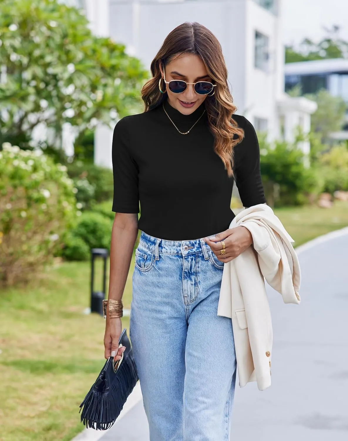 Bluetime Women Tops Half Sleeve Mock Turtleneck Tee Shirts Casual Slim Fit Basic Shirt Blouses