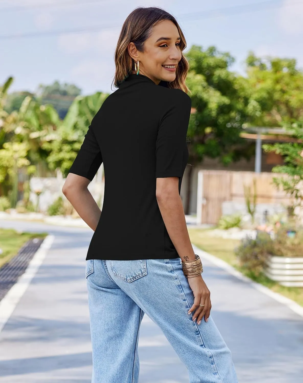 Bluetime Women Tops Half Sleeve Mock Turtleneck Tee Shirts Casual Slim Fit Basic Shirt Blouses