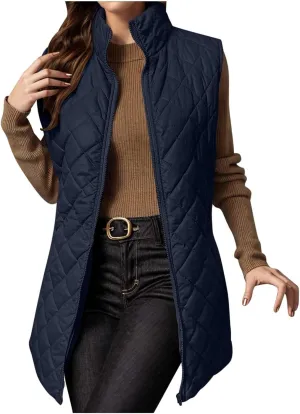 fartey Quilted Vest Women 2024 Sleeveless Puffer Vest Jackets Zip Up Stand Collar Gilet Coats Outwear Witt Pockets