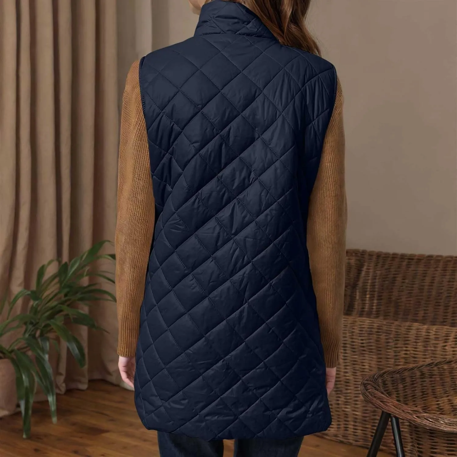 fartey Quilted Vest Women 2024 Sleeveless Puffer Vest Jackets Zip Up Stand Collar Gilet Coats Outwear Witt Pockets