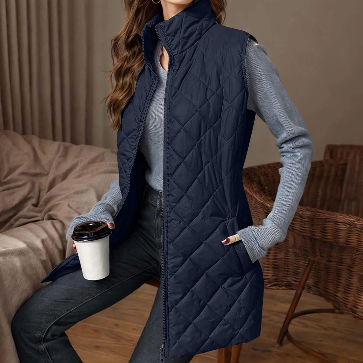 fartey Quilted Vest Women 2024 Sleeveless Puffer Vest Jackets Zip Up Stand Collar Gilet Coats Outwear Witt Pockets