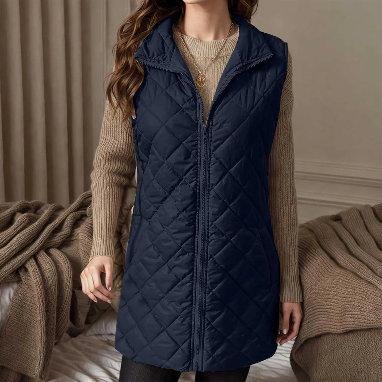 fartey Quilted Vest Women 2024 Sleeveless Puffer Vest Jackets Zip Up Stand Collar Gilet Coats Outwear Witt Pockets
