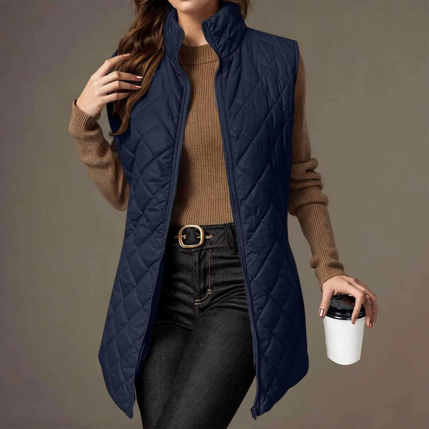 fartey Quilted Vest Women 2024 Sleeveless Puffer Vest Jackets Zip Up Stand Collar Gilet Coats Outwear Witt Pockets