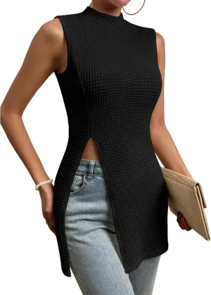 Floerns Women's Casual Sleeveless Mock Neck Split Hem Tank Top