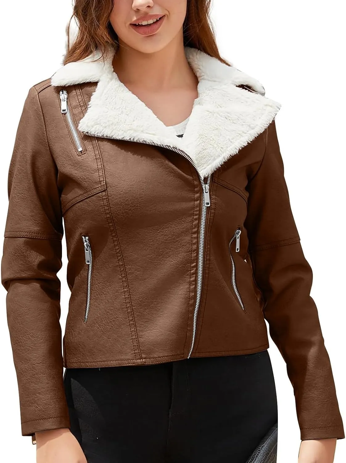 Hasta Women's Faux Leather Jackets Warm Fleece Zip Short PU Moto Winter Coats 2023 Slim Cropped Faux Suede Jacket Plus Size