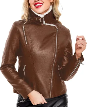 Hasta Women's Faux Leather Jackets Warm Fleece Zip Short PU Moto Winter Coats 2023 Slim Cropped Faux Suede Jacket Plus Size