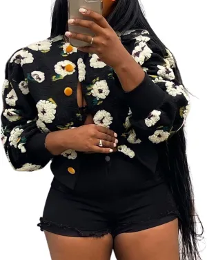 KANSOON Wool Coats for Women Floral Puff Sleeve Single Breasted Short Fall Winter Jacket