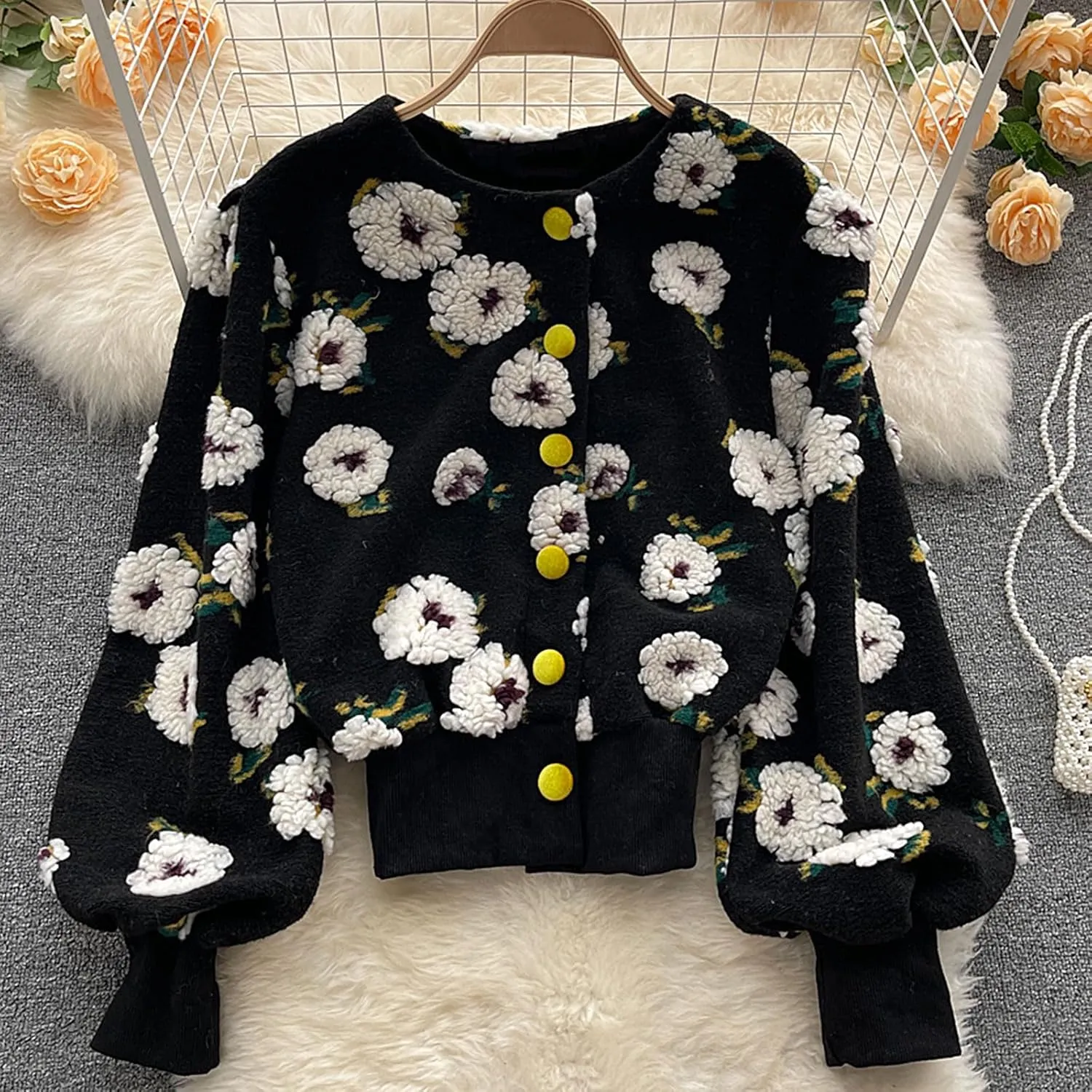 KANSOON Wool Coats for Women Floral Puff Sleeve Single Breasted Short Fall Winter Jacket
