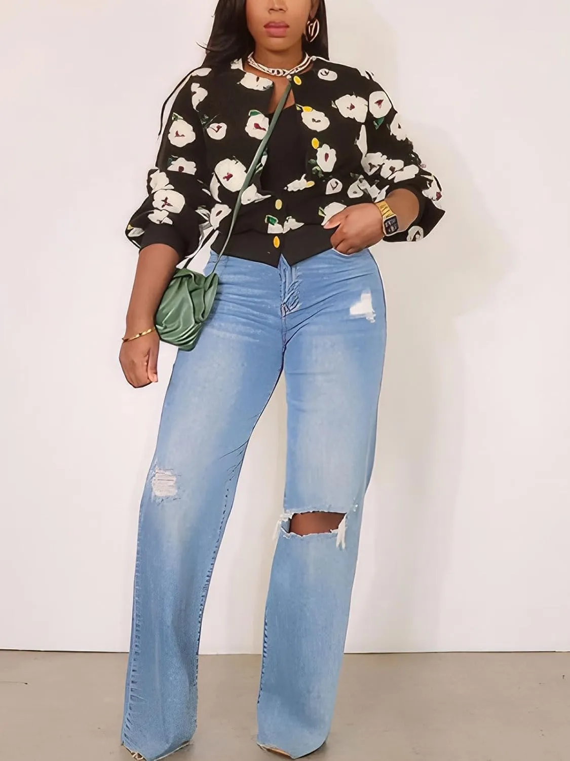 KANSOON Wool Coats for Women Floral Puff Sleeve Single Breasted Short Fall Winter Jacket
