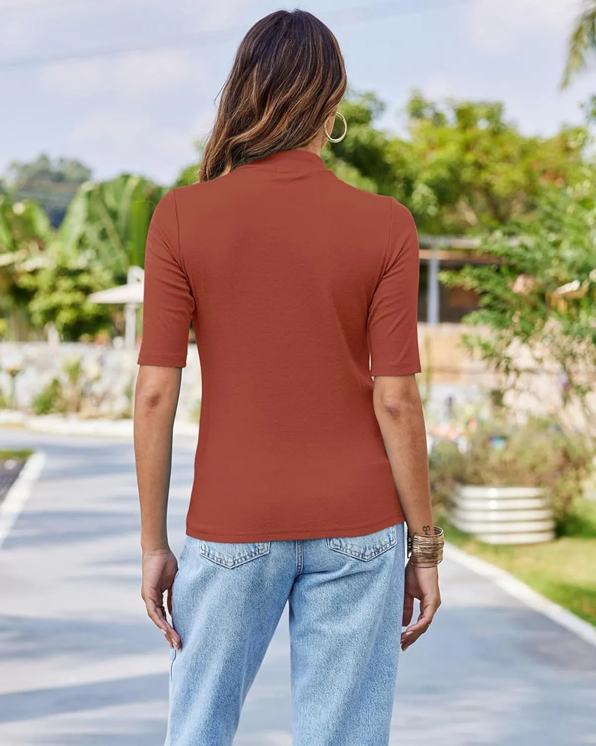 LaLaLa Womens Half Sleeve Mock Turtleneck Tunic Tops Dressy Casual Spring T Shirts Slim Fit Basic Tops
