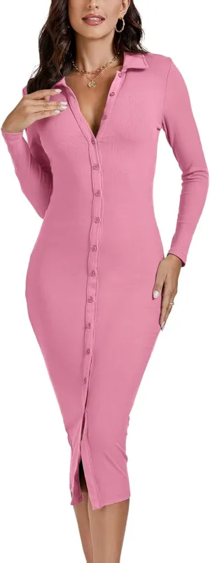 LYANER Women's Casual Ribbed Knit Button Down Collar V Neck Long Sleeve Bodycon Midi Dress