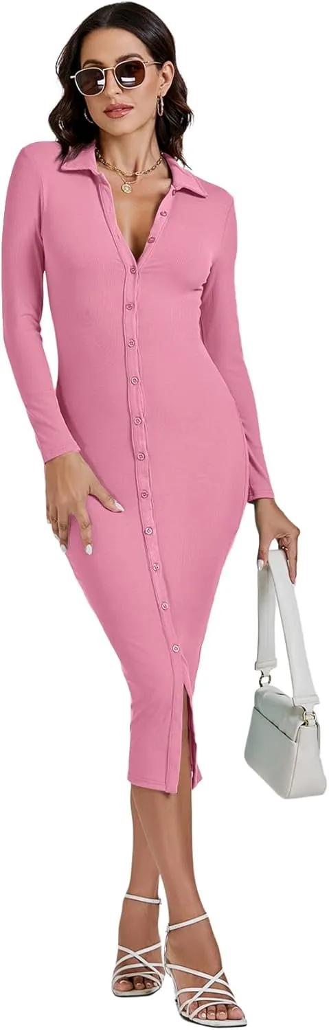 LYANER Women's Casual Ribbed Knit Button Down Collar V Neck Long Sleeve Bodycon Midi Dress