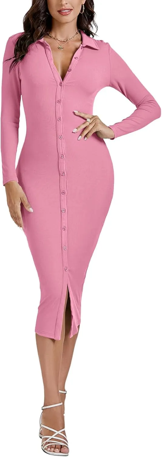 LYANER Women's Casual Ribbed Knit Button Down Collar V Neck Long Sleeve Bodycon Midi Dress