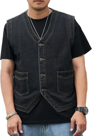 Men's Casual Oversized Denim Vest Double Pocket Sleeveless Jean Men Jacket Big & Tall Outdoor Work Vests