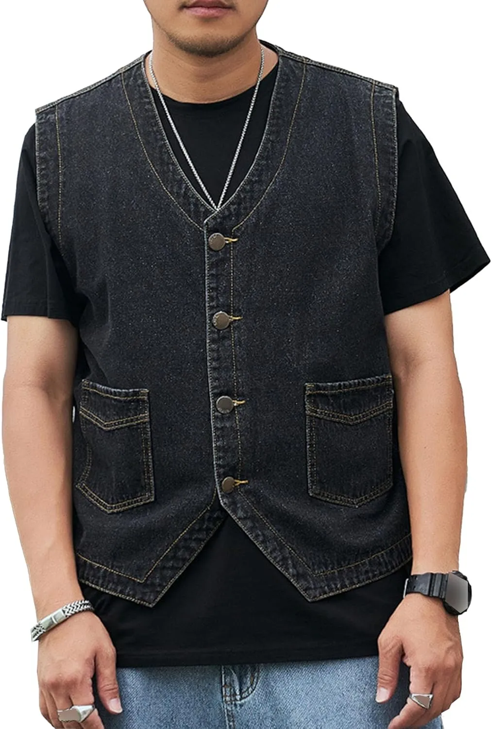 Men's Casual Oversized Denim Vest Double Pocket Sleeveless Jean Men Jacket Big & Tall Outdoor Work Vests