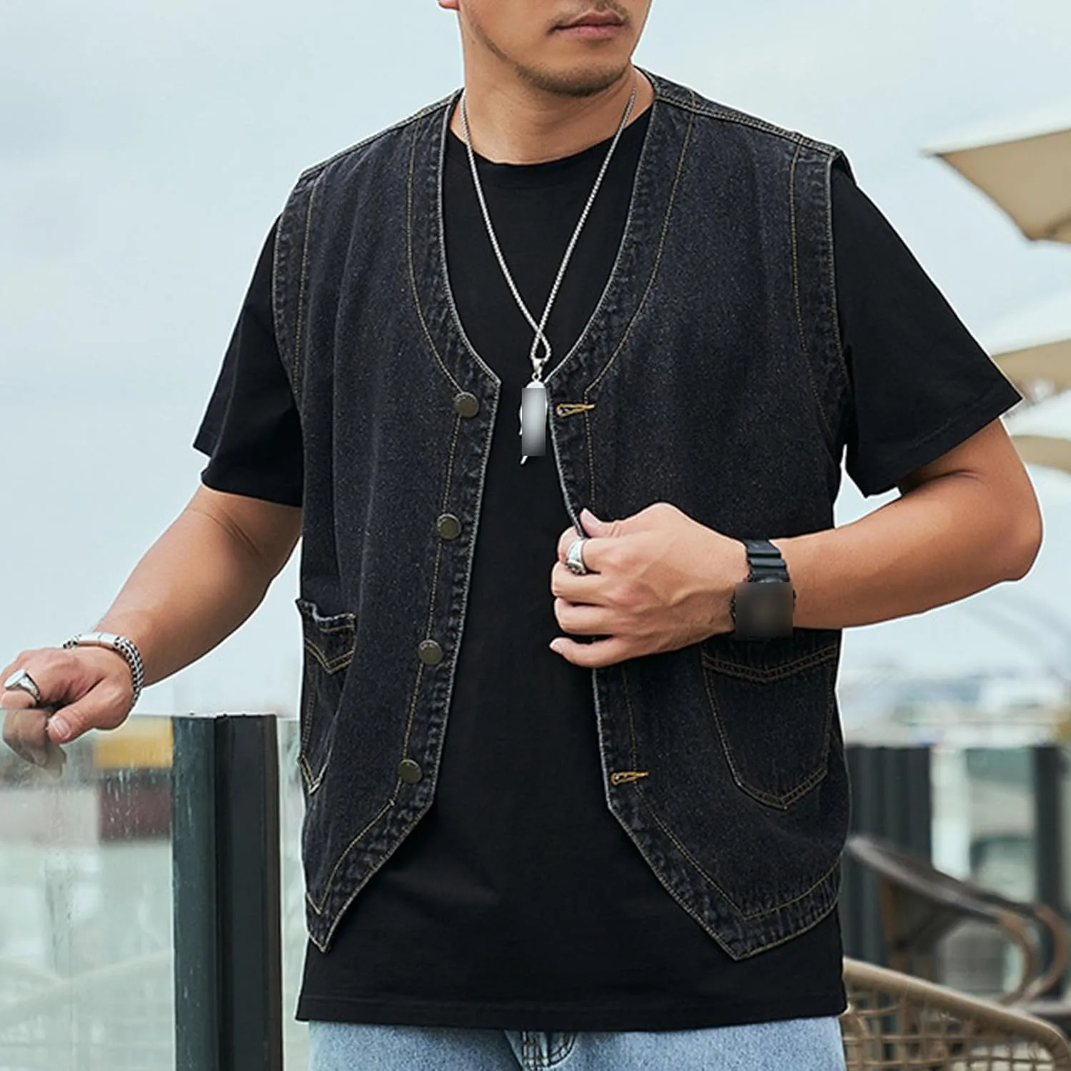 Men's Casual Oversized Denim Vest Double Pocket Sleeveless Jean Men Jacket Big & Tall Outdoor Work Vests