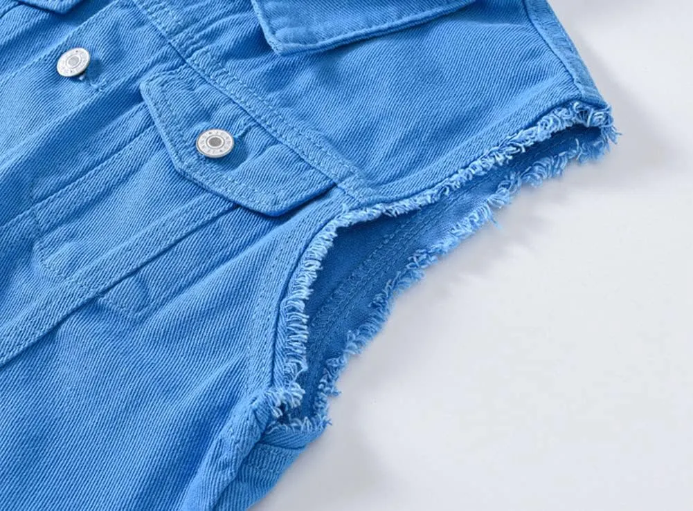 Men's Sleeveless Ripped Denim Vest Casual Slim Fit Button Down Jeans Vests Jacket