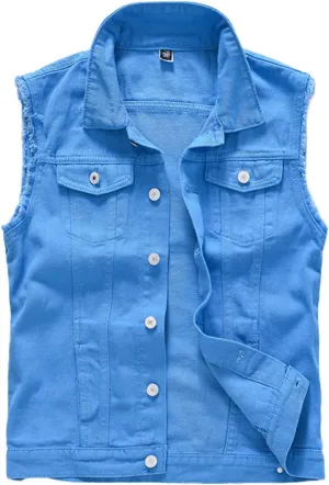 Men's Sleeveless Ripped Denim Vest Casual Slim Fit Button Down Jeans Vests Jacket