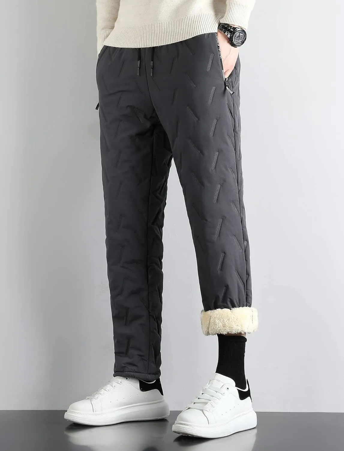 Mens Winter Warm Sweatpants Fleece Sherpa Lined Track Pants Active Thermal Joggers with Zipper Pockets