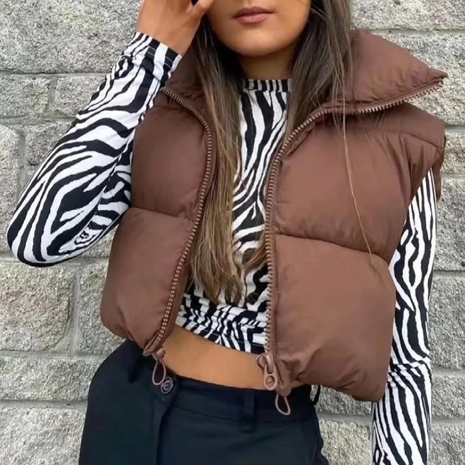 Women Cropped Puffer Vest Padded Down Jacket Stand Up Collar Coat Short Coat Jacket Winter Vest Outerwear with Pockets