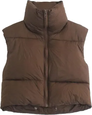 Women Cropped Puffer Vest Padded Down Jacket Stand Up Collar Coat Short Coat Jacket Winter Vest Outerwear with Pockets