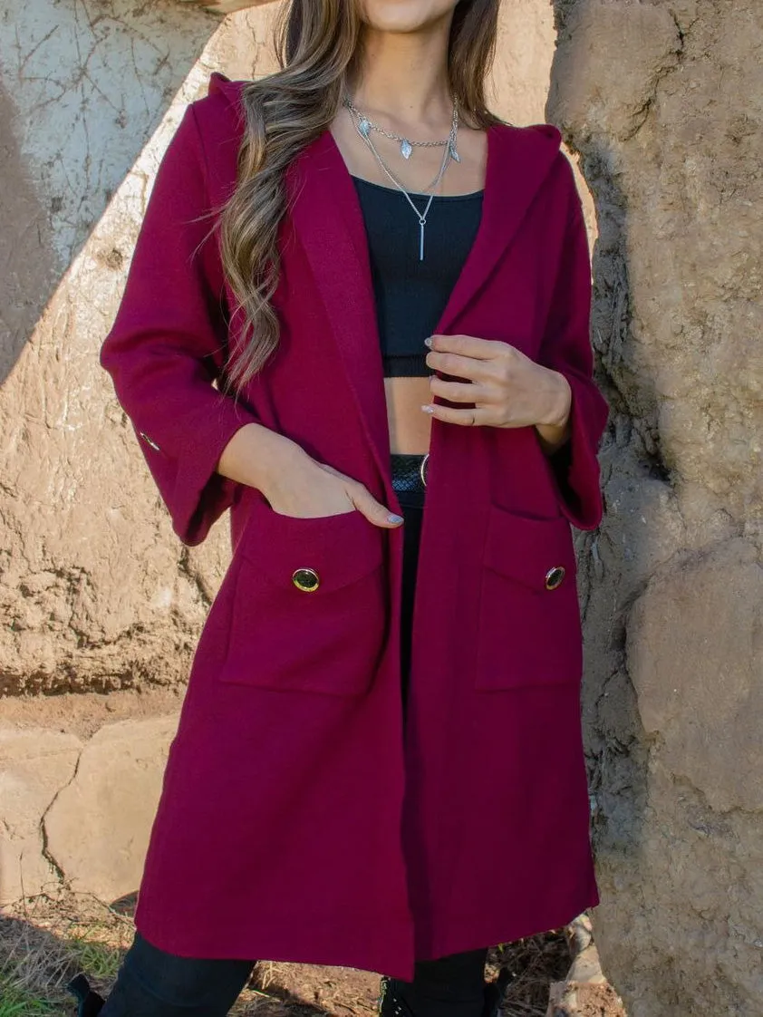Women's Coats Solid Pocket Hooded Wool Coat