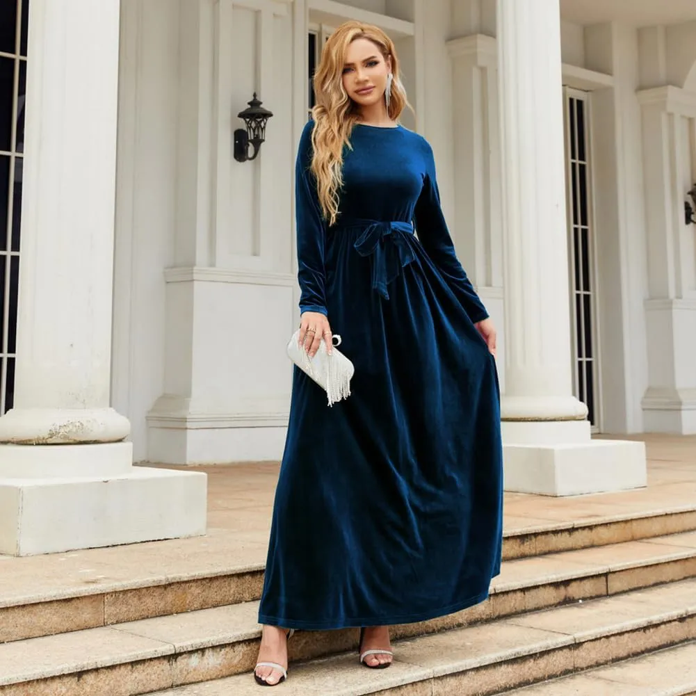 Women's Fall Dresses Long Sleeve Velvet Formal Maxi Dress with Belt Casual Cocktail Wedding Guest Party Long Dress