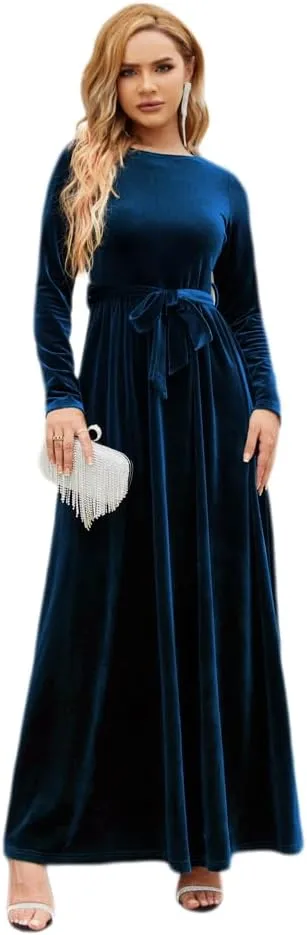 Women's Fall Dresses Long Sleeve Velvet Formal Maxi Dress with Belt Casual Cocktail Wedding Guest Party Long Dress