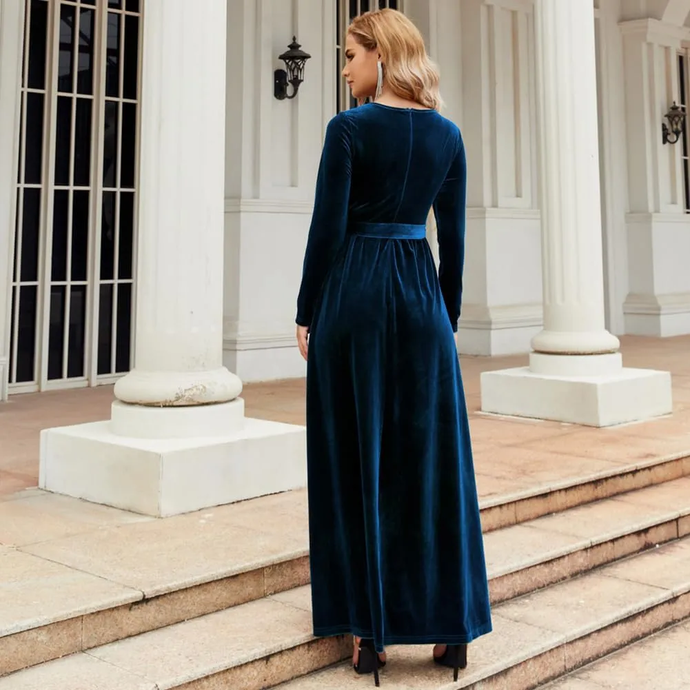 Women's Fall Dresses Long Sleeve Velvet Formal Maxi Dress with Belt Casual Cocktail Wedding Guest Party Long Dress
