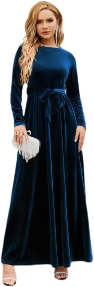 Women's Fall Dresses Long Sleeve Velvet Formal Maxi Dress with Belt Casual Cocktail Wedding Guest Party Long Dress