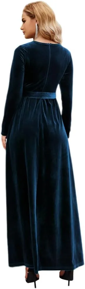 Women's Fall Dresses Long Sleeve Velvet Formal Maxi Dress with Belt Casual Cocktail Wedding Guest Party Long Dress
