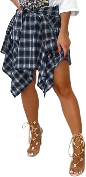 Women's Plaid Skirts High Waisted Knot Front Asymmetrical Hem Mini Skater Skirt