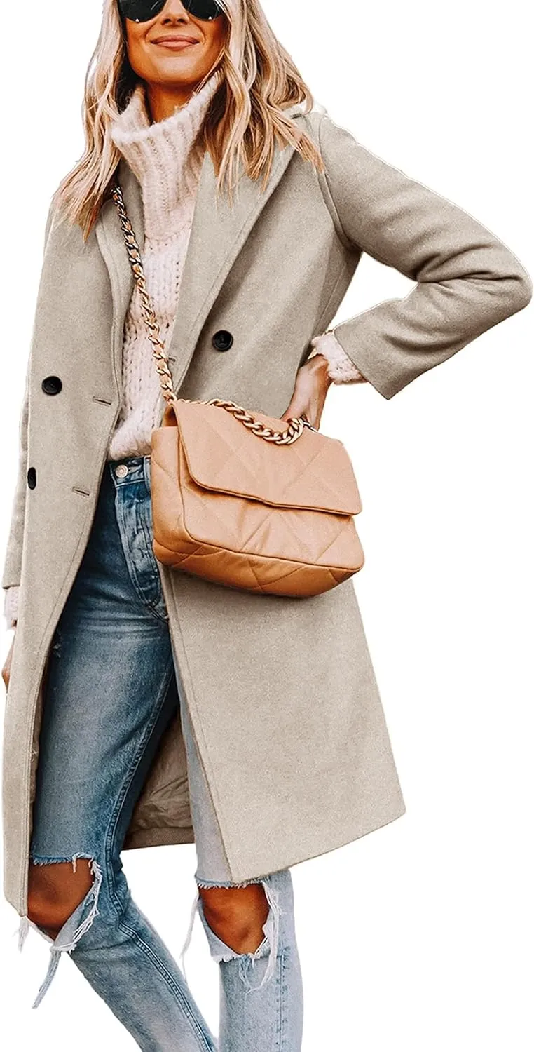 Women's Winter Pea Coat Notch Laple Double Breasted Casual Wool Blend Trench Coats