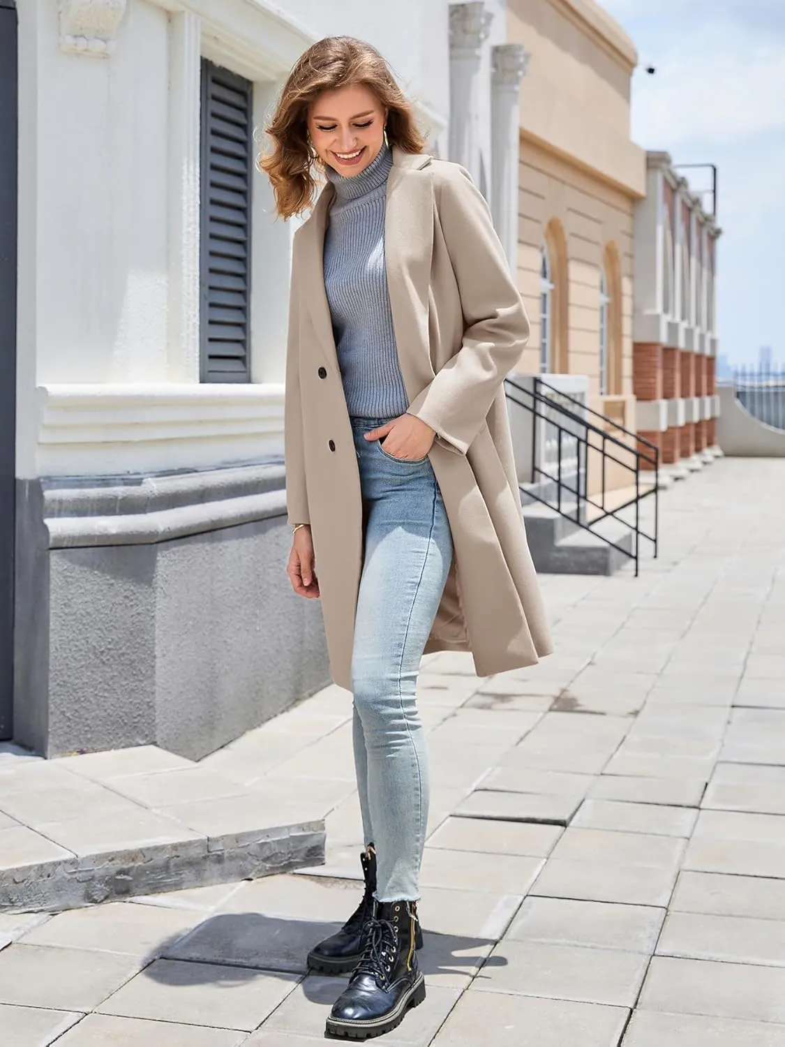 Women's Winter Pea Coat Notch Laple Double Breasted Casual Wool Blend Trench Coats