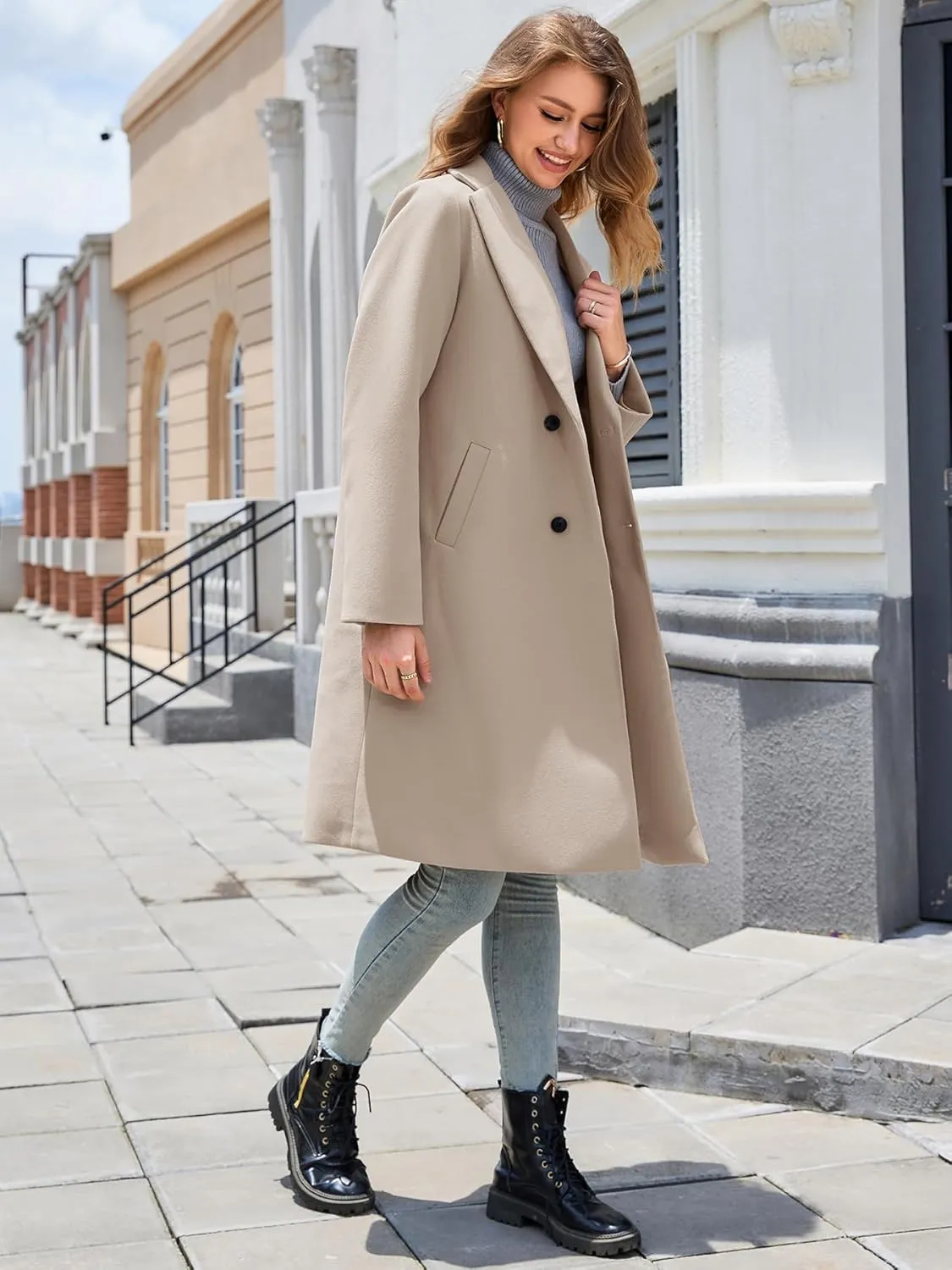 Women's Winter Pea Coat Notch Laple Double Breasted Casual Wool Blend Trench Coats