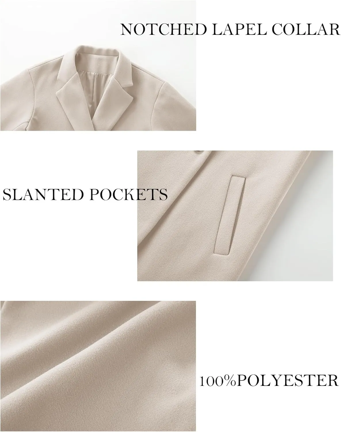 Women's Winter Pea Coat Notch Laple Double Breasted Casual Wool Blend Trench Coats